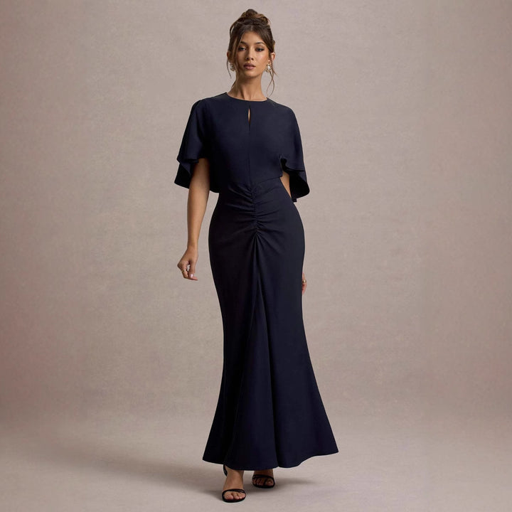 Ladies Elegant Evening Dress with Voluminous Sleeves and Sophisticated Wrap Detail