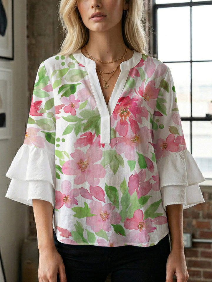 Ladies blouse with voluminous ruffled sleeves and floral print Lisslune