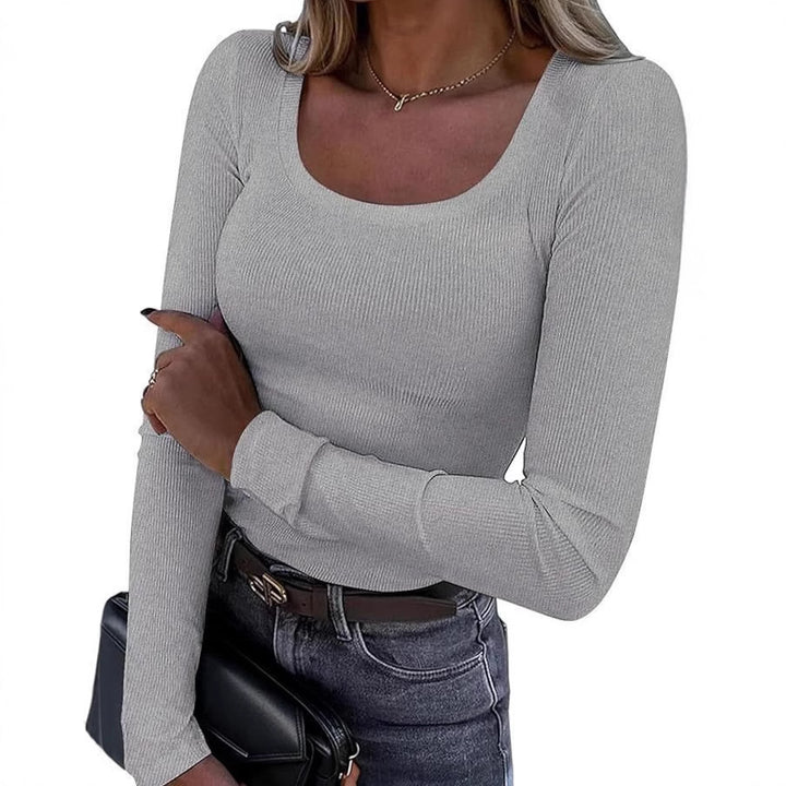 Women’s Long Sleeve Basic Top with Deep Round Neckline and Ribbed Structure Lisslune