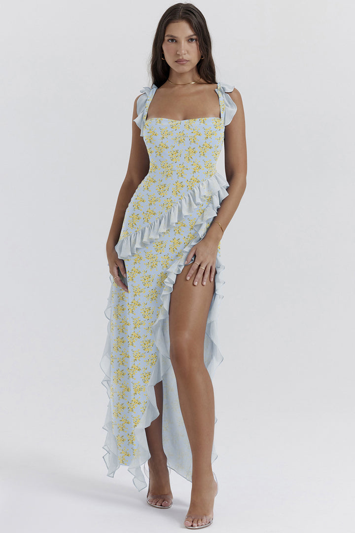 Women's Maxi Dress with Ruffle Details and Floral Design