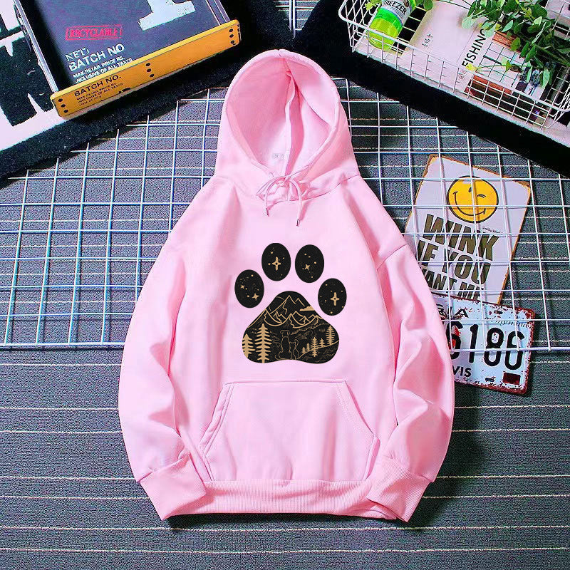 Ladies hoodie with creative paw print design and mountain landscape Lisslune