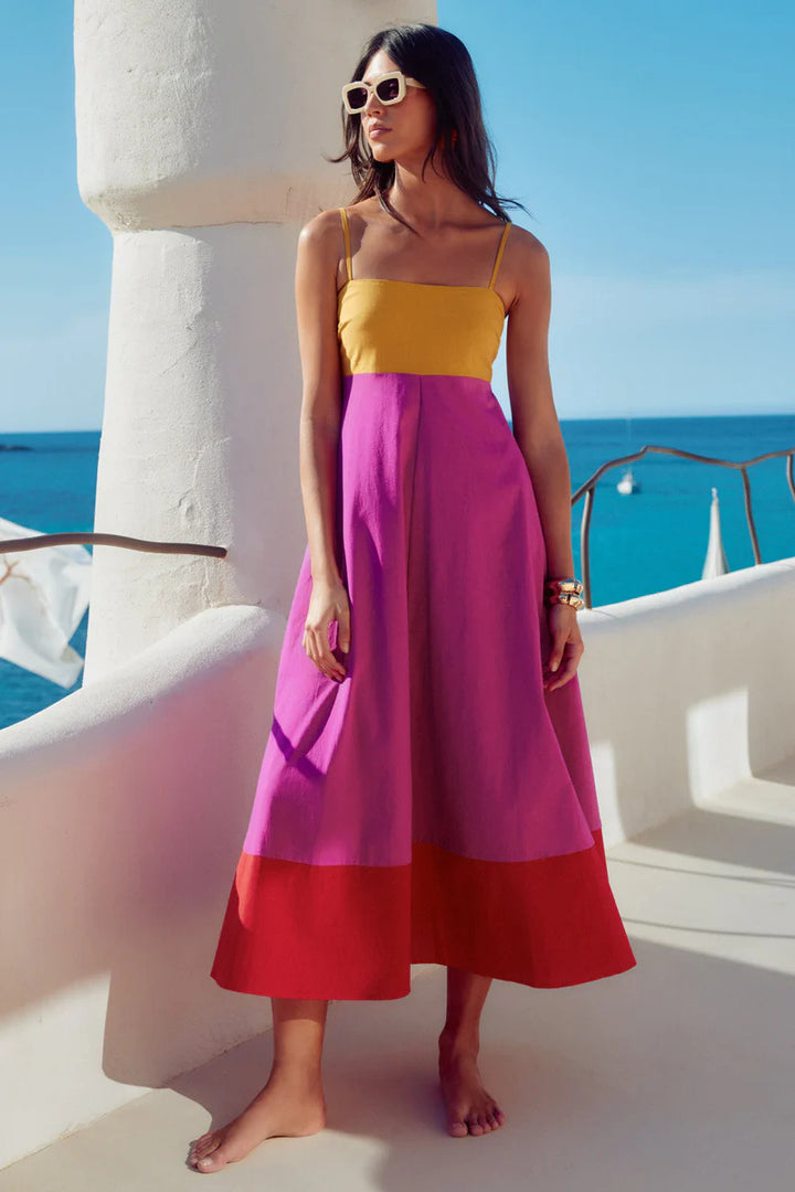Women's Maxi Dress with Colorful Block Design and Adjustable Spaghetti Straps