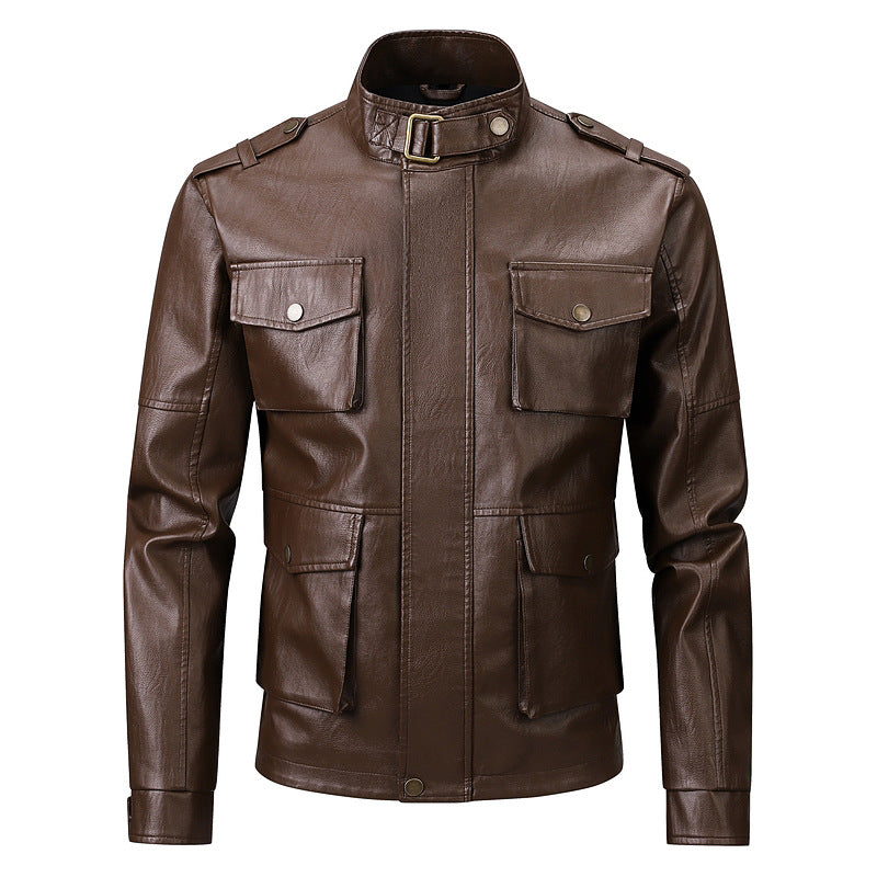 Men's synthetic leather jacket with practical pockets and modern stand-up collar Lisslune