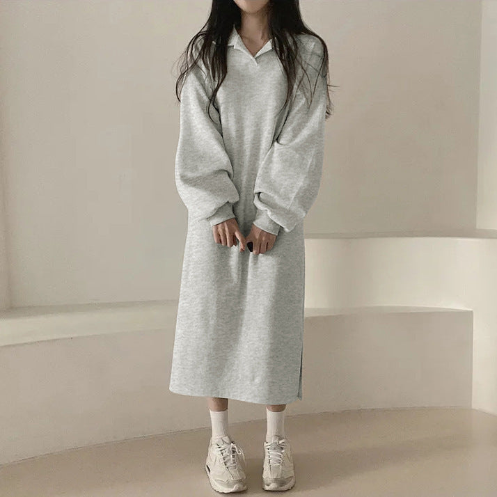 Women elegant hoodie dress with casual puff sleeves and side slit