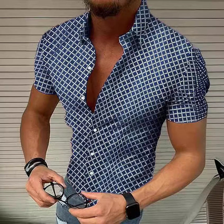 Men's Short Sleeve Shirt with Modern Check Pattern and Breathable Cotton Blend Lisslune