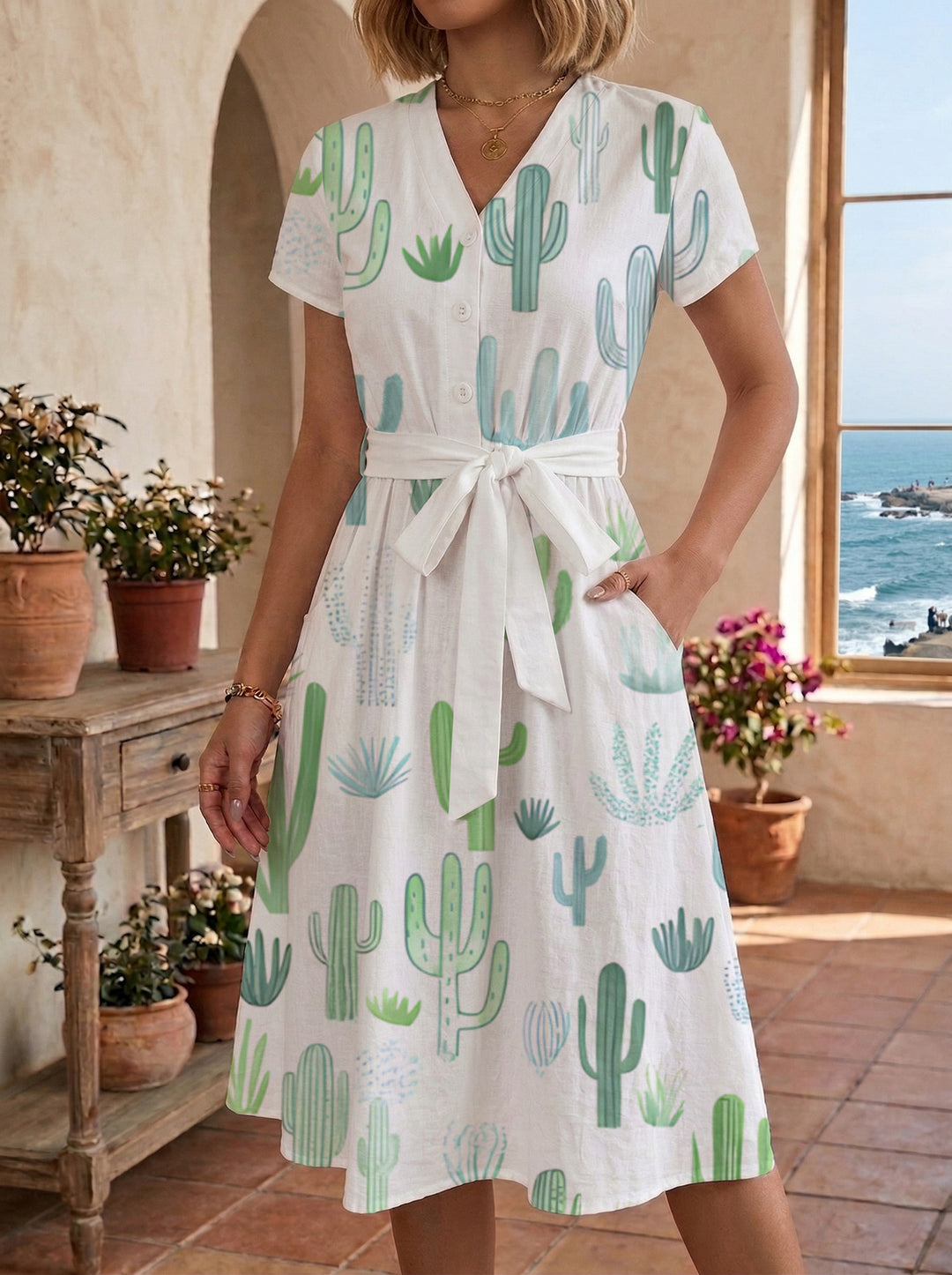 Women's Blooming Midi Dress with Adjustable Belt and Artistic Print Lisslune