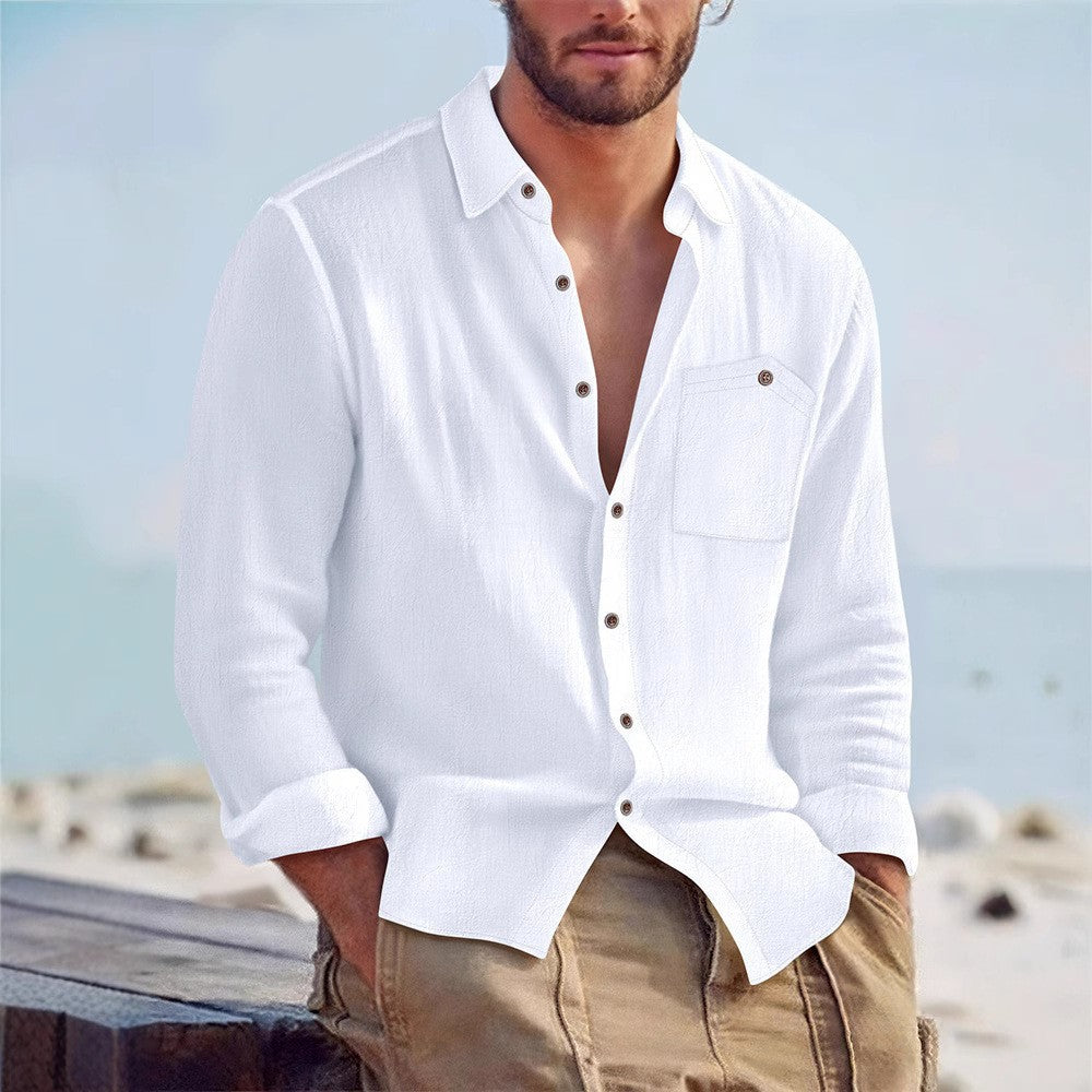Men's Casual Long Sleeve Shirt with Textured Design and Patch Chest Pocket Lisslune