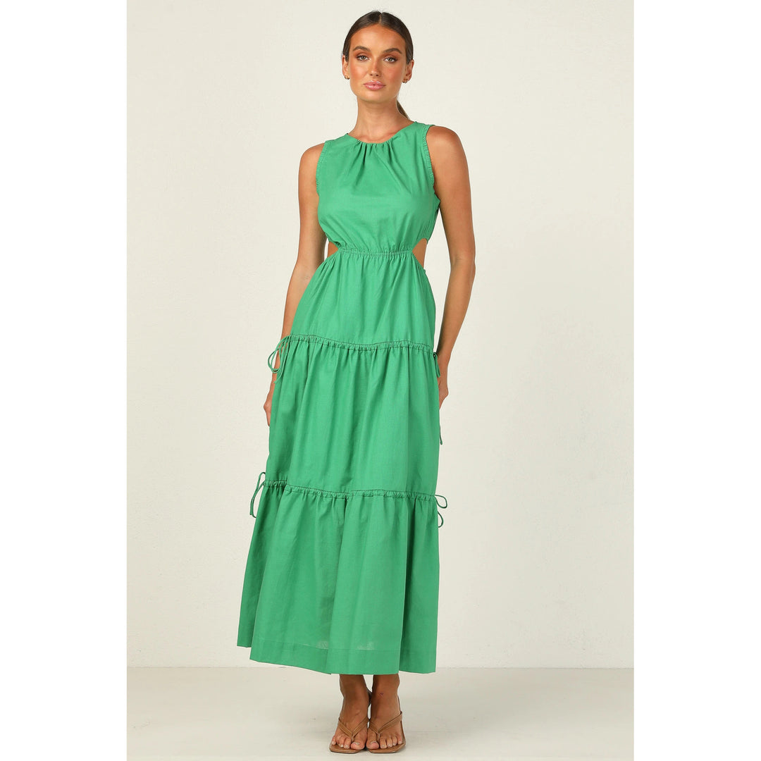 Women’s long sleeve maxi dress with playful side cutouts and flowing skirt Lune London