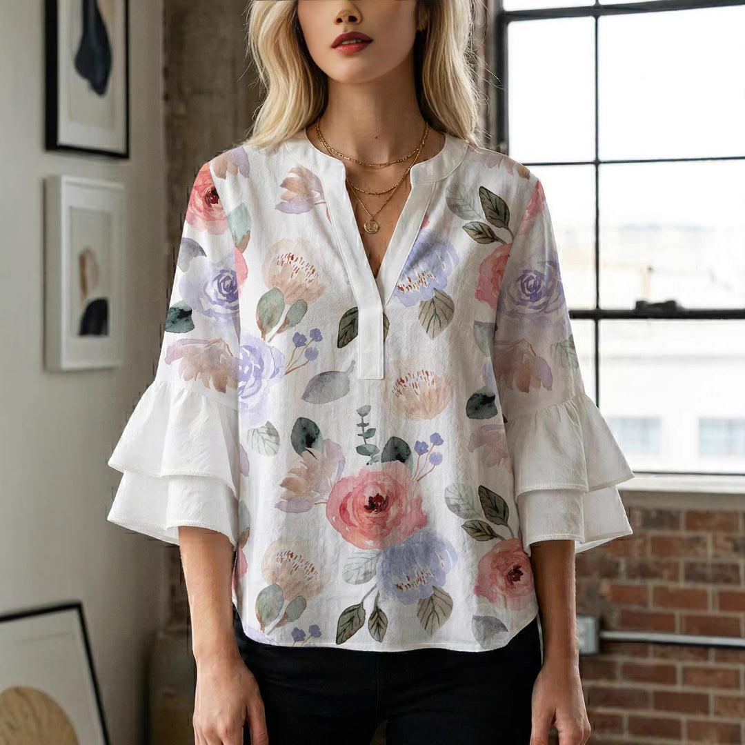 Women Elegant Top with Voluminous Puff Sleeves and Floral Print Lisslune