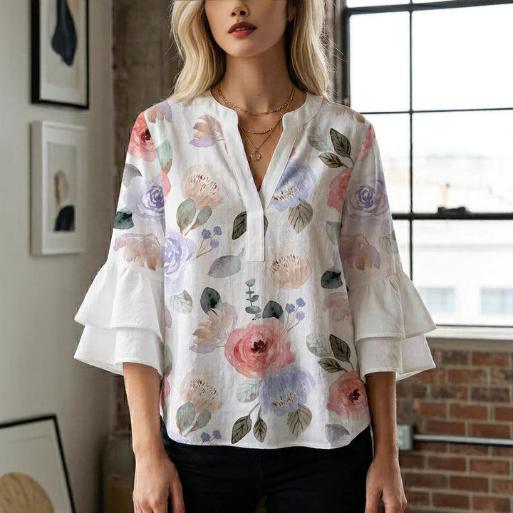 Women Elegant Top with Voluminous Puff Sleeves and Floral Print Lisslune