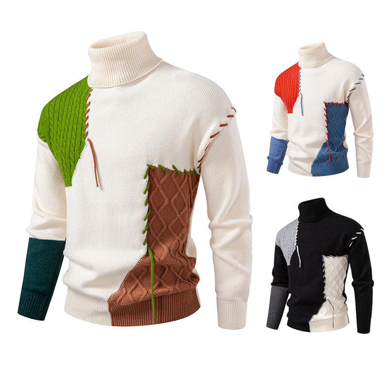 Men's turtleneck sweater with geometric cable pattern and contrasting accents Lisslune