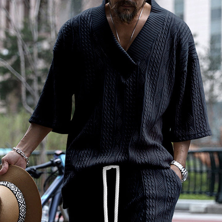 Men's casual knit sweater with V-neck and decorative cable pattern Lisslune