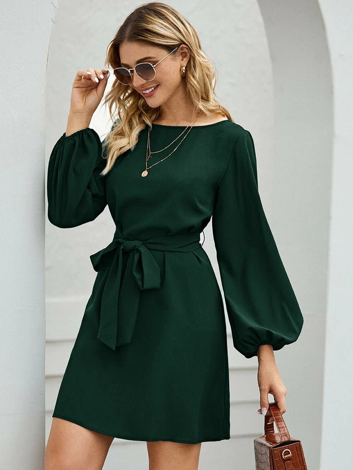 Damen Elegantes Kleid mit Ballonärmeln und Taillengürtel Lisslune