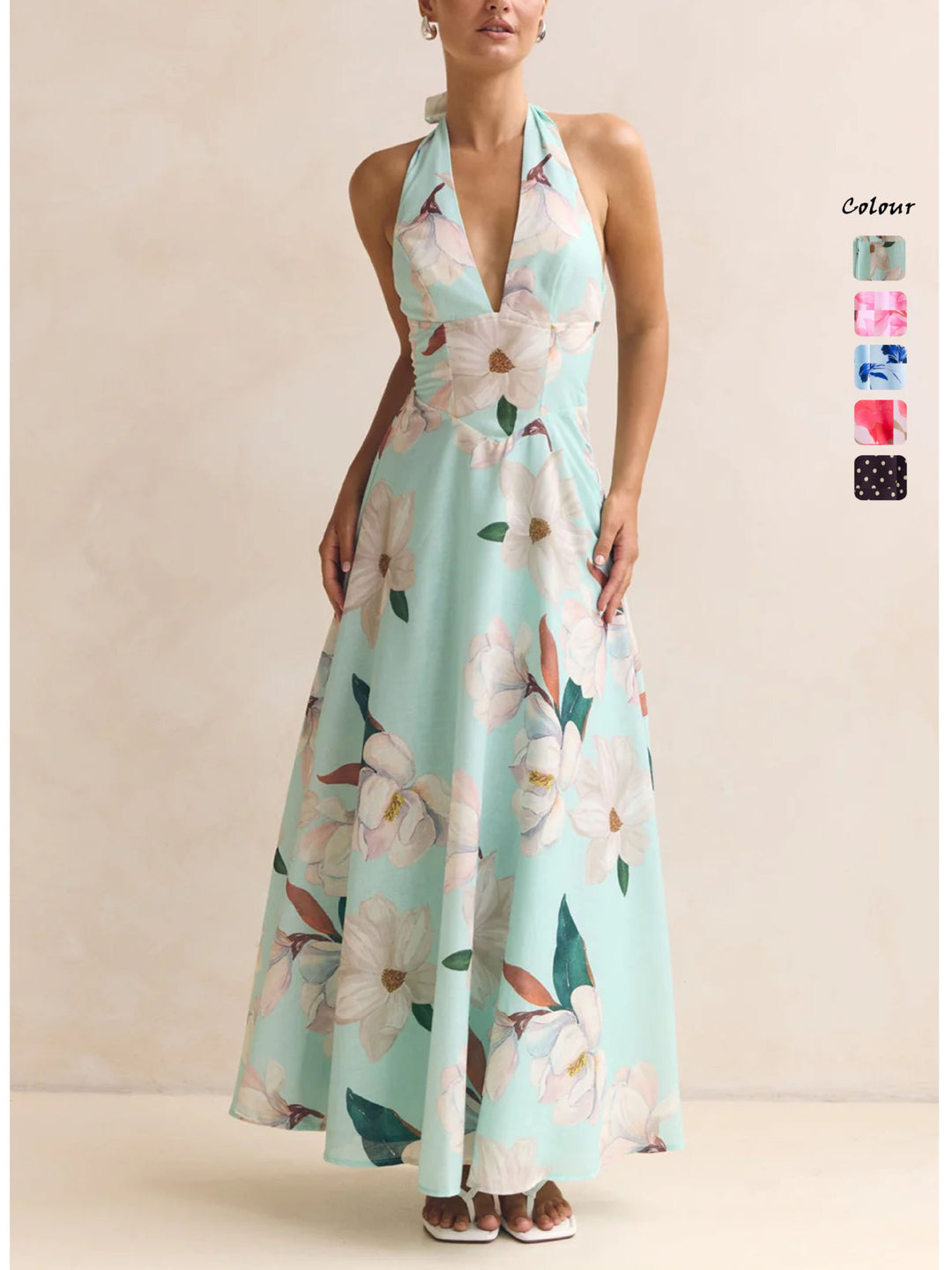 Ladies max dress with deep V-neckline and floral accents Lune London
