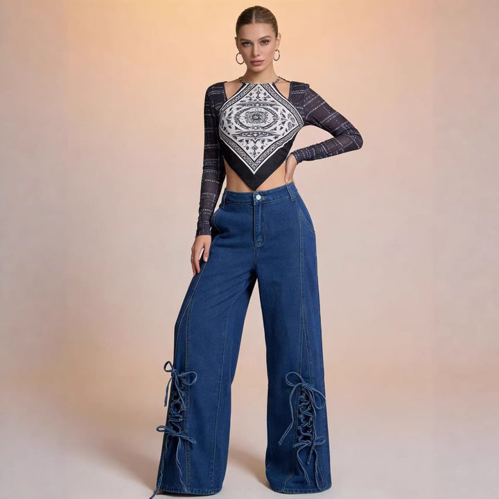 Damen Schlagjeans mit trendigem Schnürdetail und weitem Bein Lisslune