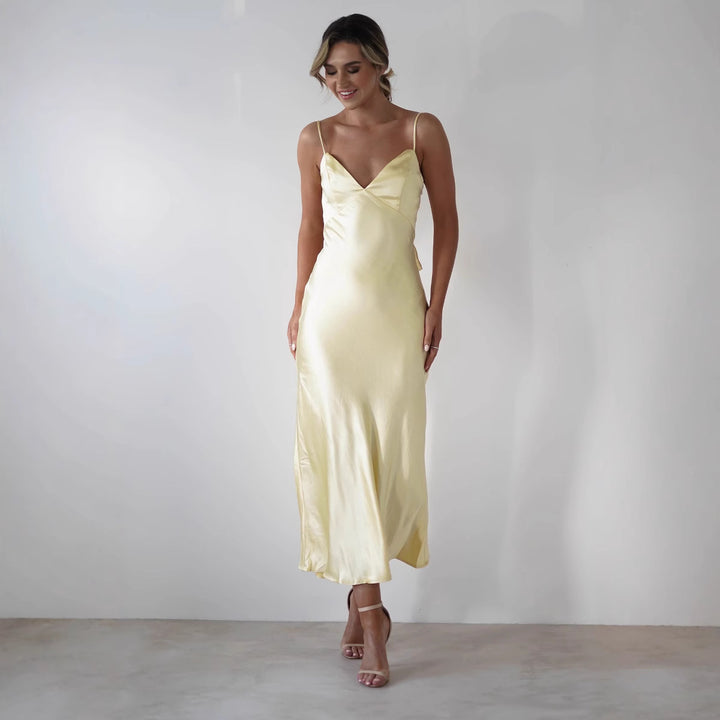 Ladies Satin Maxi Dress in elegant cut with narrow spaghetti straps Lune London