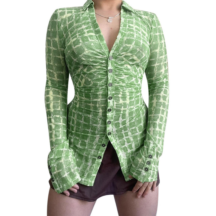 Ladies fitted blouse with sophisticated ruffle design and elegant button closure