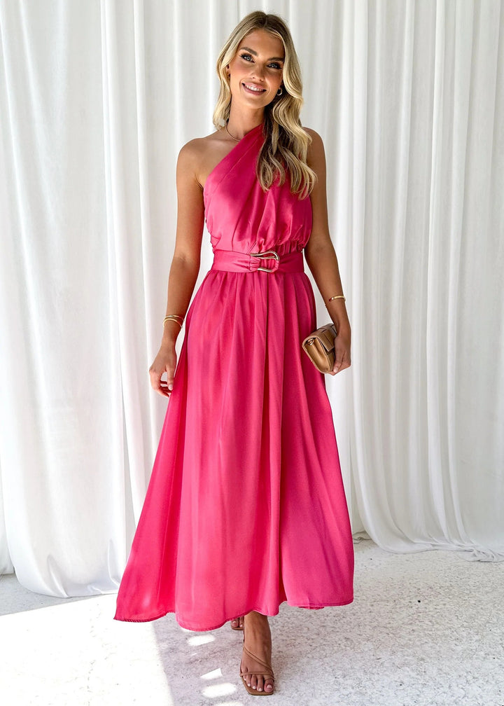 Women's evening dress with asymmetric strap design and elegant waist belt Lune London