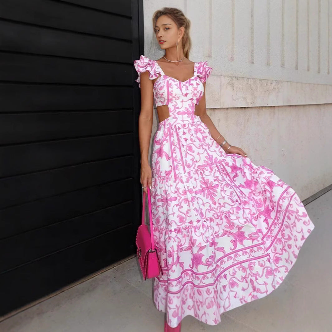 Ladies Elegant Maxi Dress with Cut-out Design and Ruffle Details