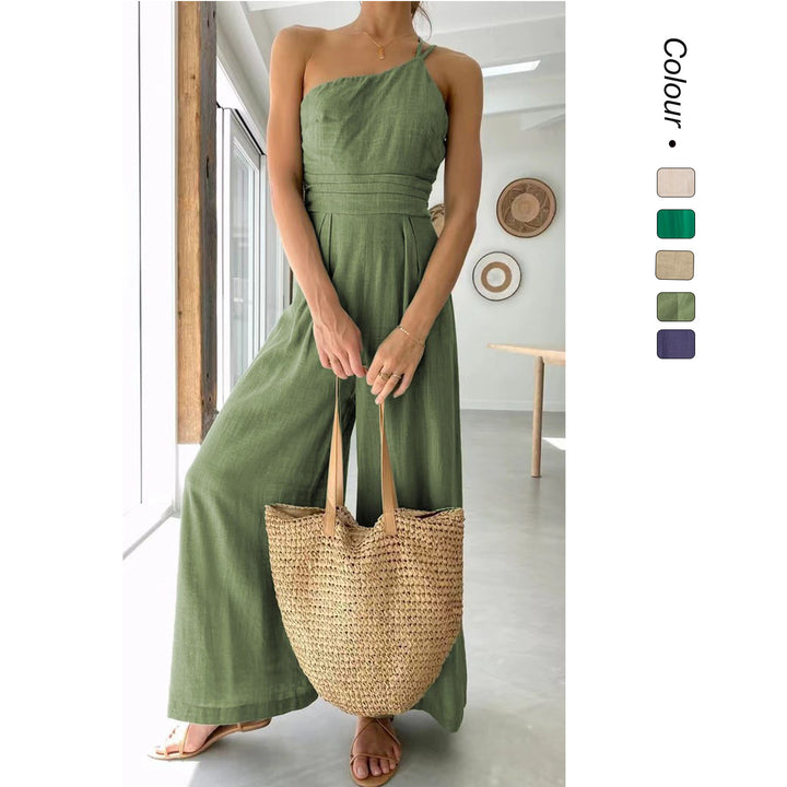 Women's jumpsuit in fashionable wrap design with wide leg and off-shoulder cut