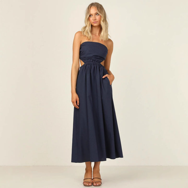 Women Strapless Maxi Dress with Side Cut-Out and Practical Pocket Design Lune London