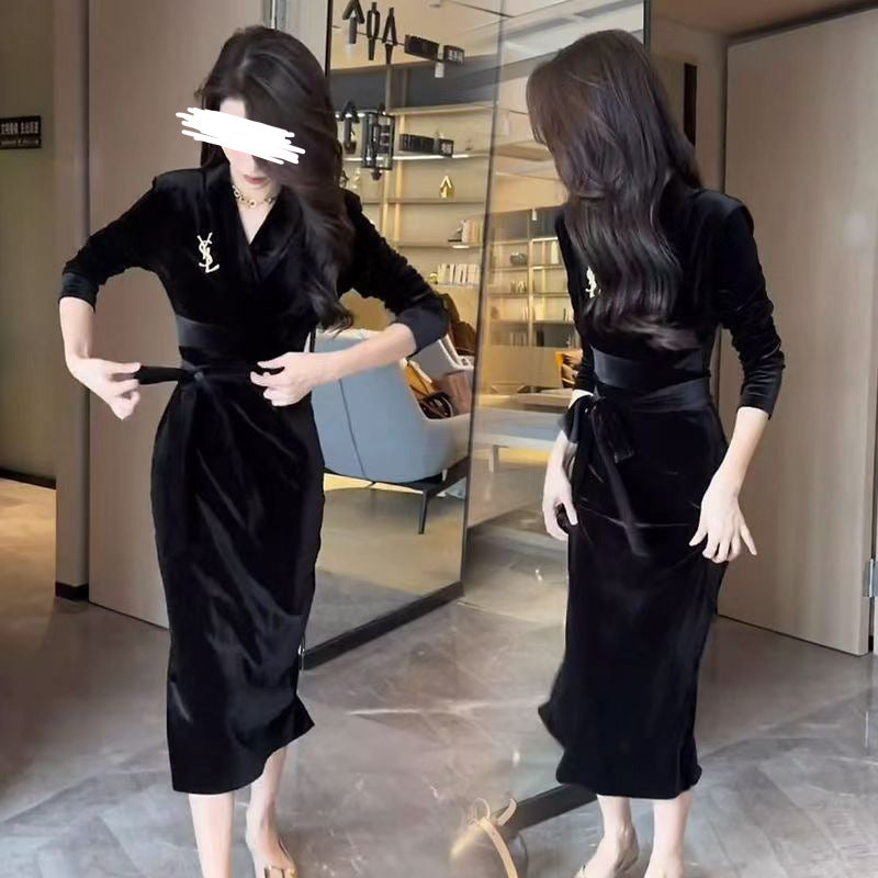 Women long sleeve dress with elegant wrap design and stylish ruffle hem