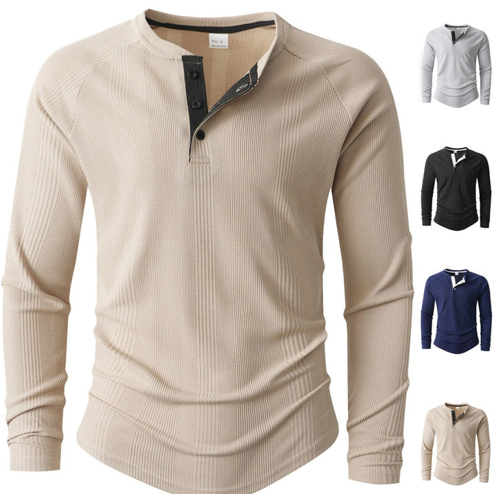 Men's Long Sleeve Henley Shirt with Textured Surface Lisslune