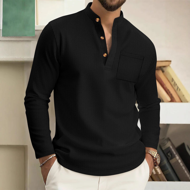 Men's long-sleeve shirt with modern stand-up collar and practical chest pocket Lisslune