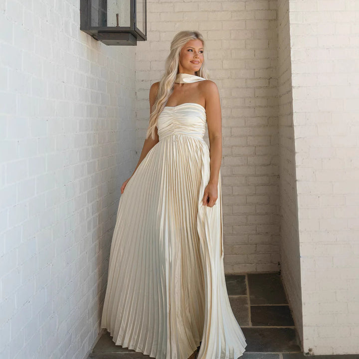 Women's Long Sleeve Maxi Dress with Elegant Pleated Skirt and Off-Shoulder Silhouette