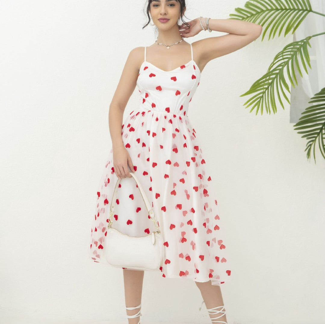 Women's romantic A-line dress with heart motif and adjustable straps Lisslune
