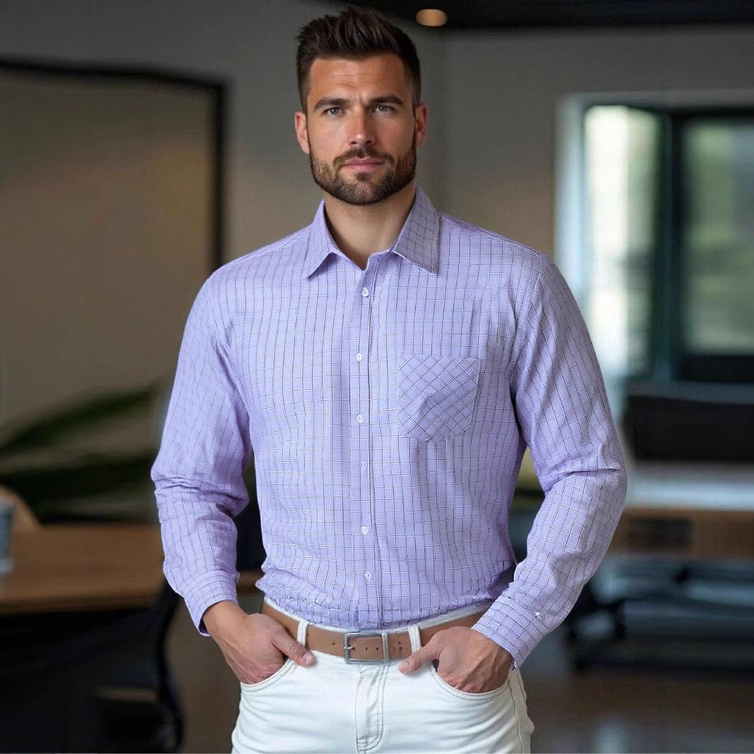 Men's structured long sleeve shirt with fashionable check design and chest pocket Lisslune
