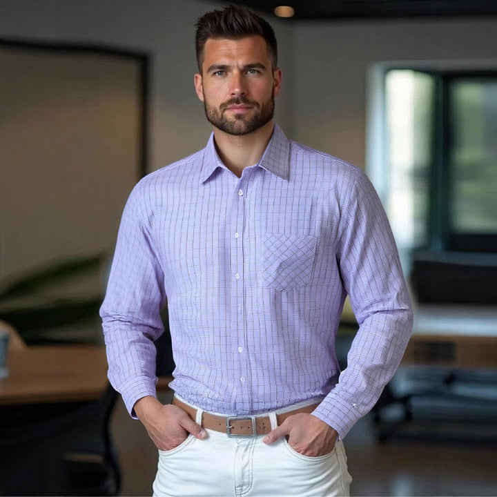 Men's structured long sleeve shirt with fashionable check design and chest pocket Lisslune