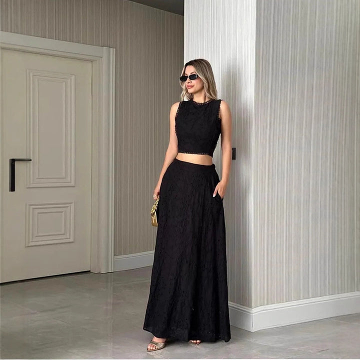 Women's maxi dress with delicate hole embroidery pattern and trendy crop top Lisslune