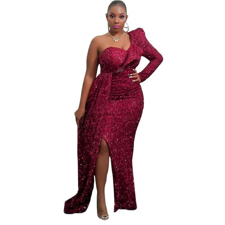 Women's Sparkling Evening Dress with Asymmetrical Design and Flowing Skirt
