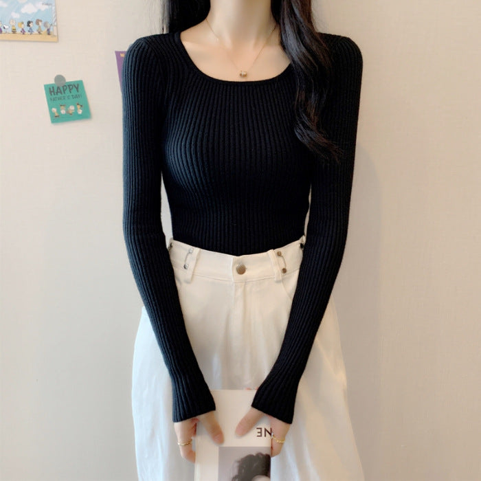 Women's Long Sleeve Ribbed Top with a Figure-Hugging Cut and Modern Cuffs