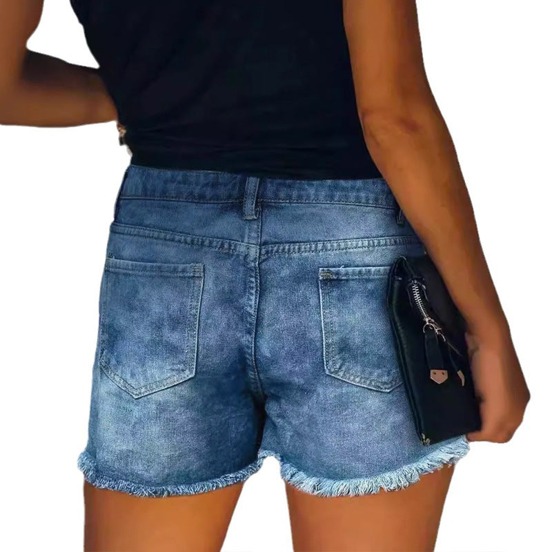 Women's destroyed denim shorts with frayed pockets and stylish patches Lisslune
