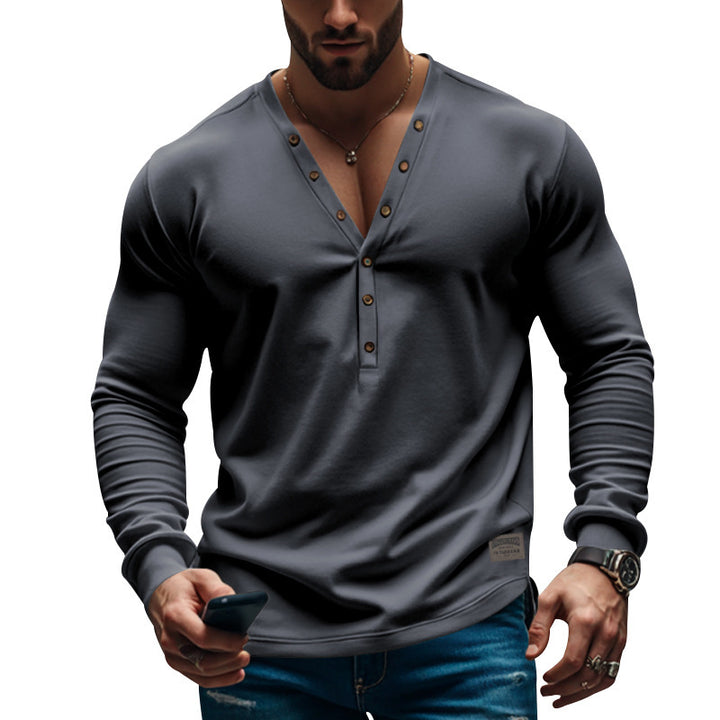 Men's Long Sleeve Henley T-Shirt with Modern Button Closure and Fitted Cut Lisslune