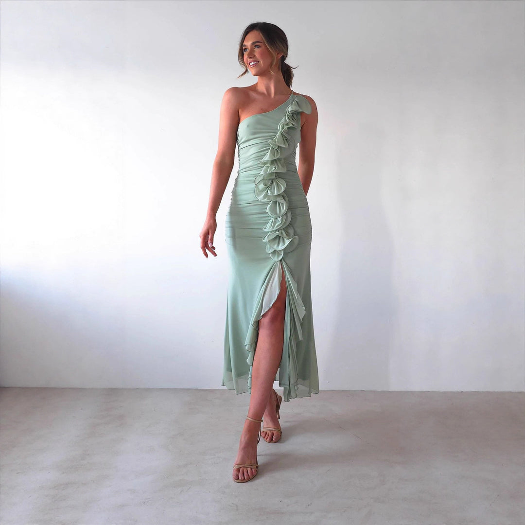 Women Elegant Ruffle Maxi Dress in the Style of a Side with High Slit Lune London