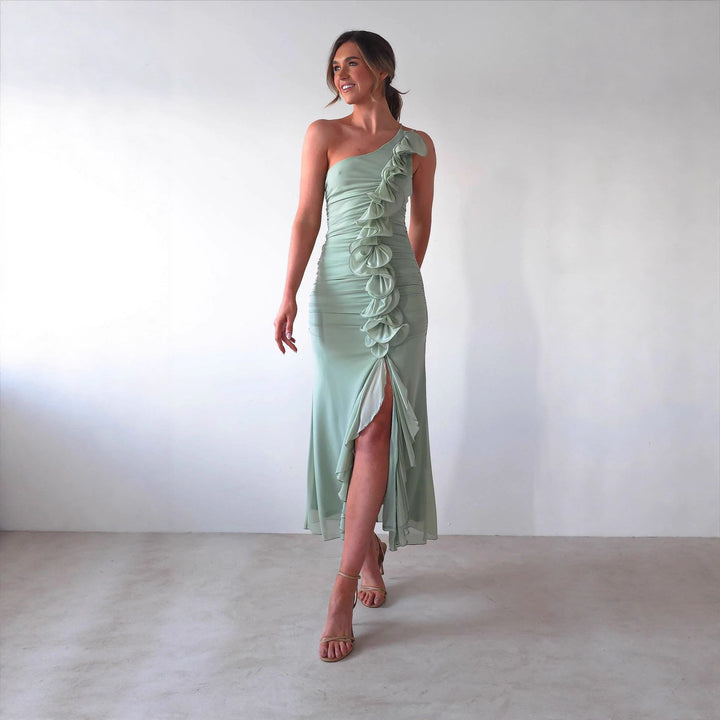 Women Elegant Ruffle Maxi Dress in the Style of a Side with High Slit Lune London