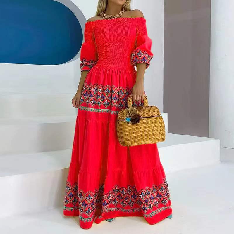 Women's Boho Maxi Dress with Off-the-Shoulder Design and Playful Embroidery Detail