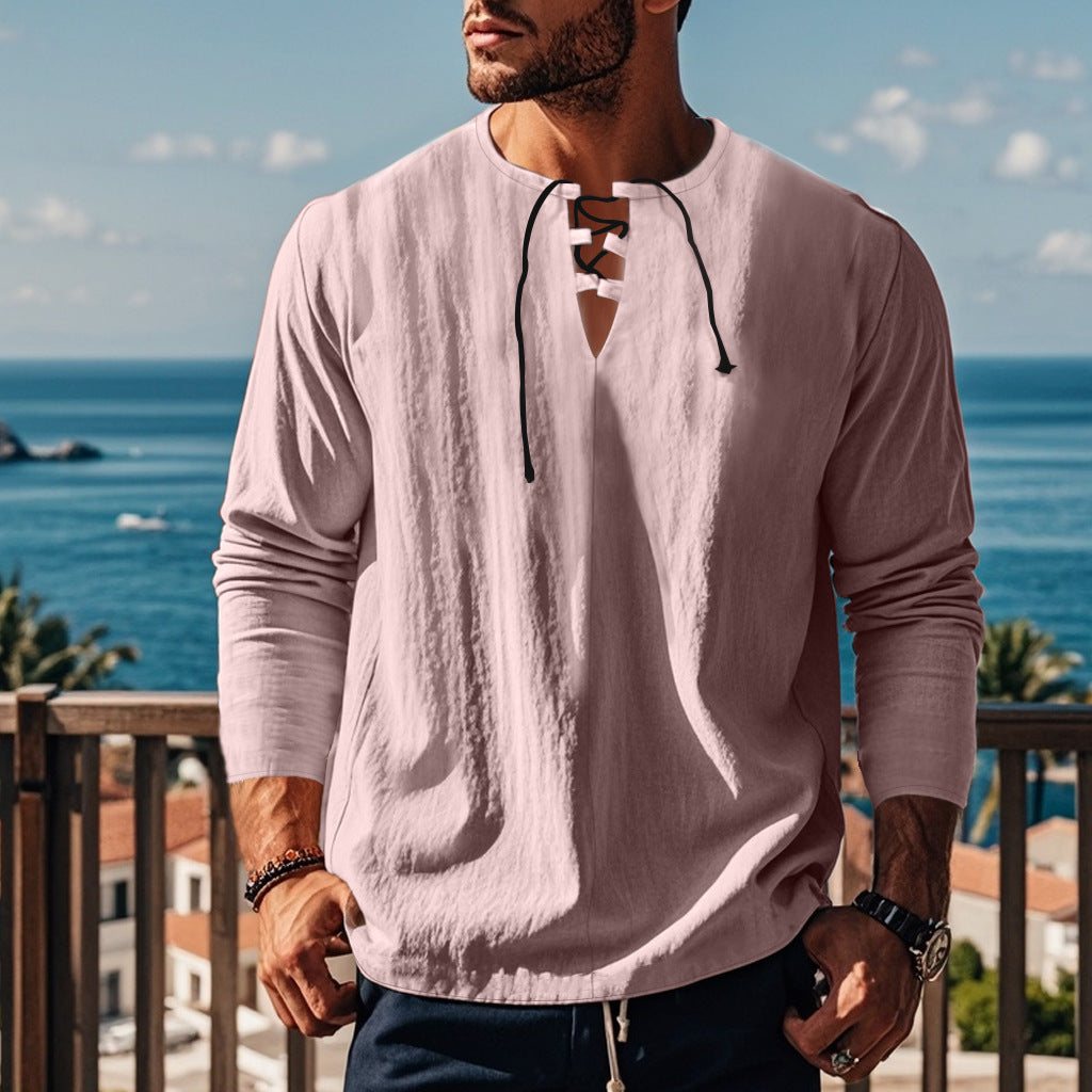 Men's casual long-sleeve shirt with neckline and lacing Lisslune
