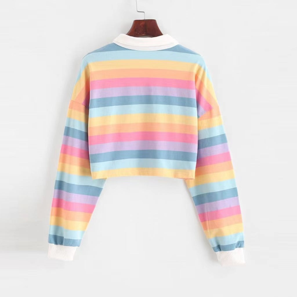 Women Cropped Polo Shirt with Colorful Stripes and Loose Fit Lisslune