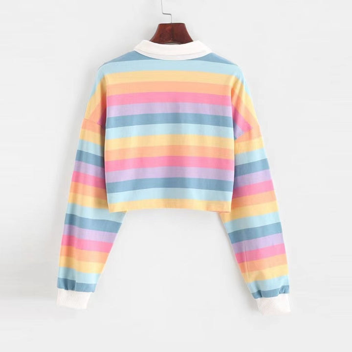 Women Cropped Polo Shirt with Colorful Stripes and Loose Fit Lisslune