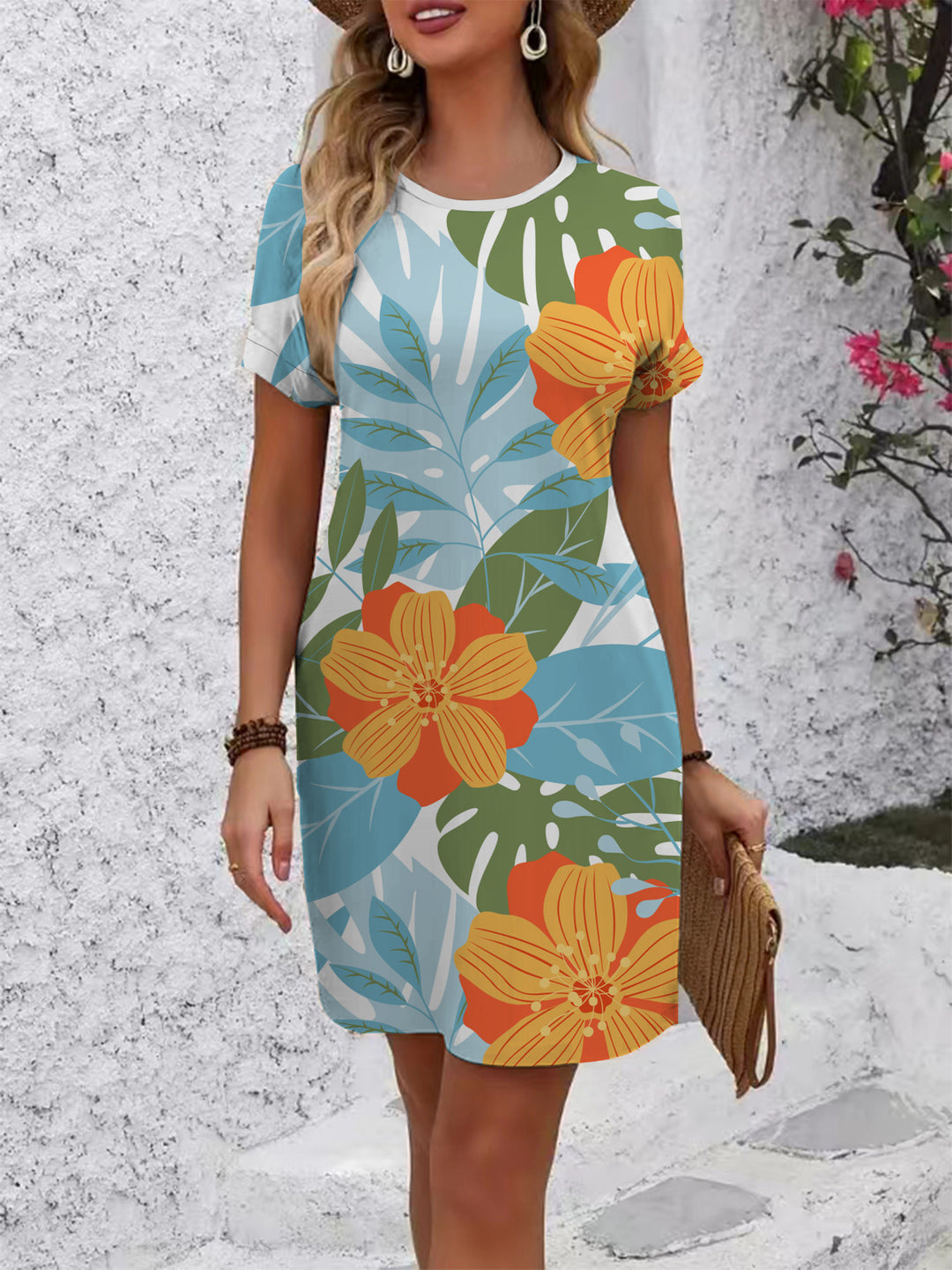 Women's casual floral dress with round neck and loose fit Lisslune