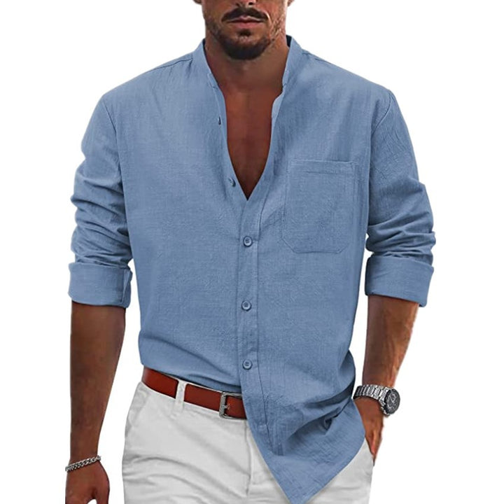 Men's casual linen shirt with classic V-neck and chest pocket Lisslune