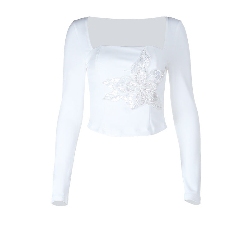 Women's Elegant Long Sleeve Top with Floral Lace Applique Lune London