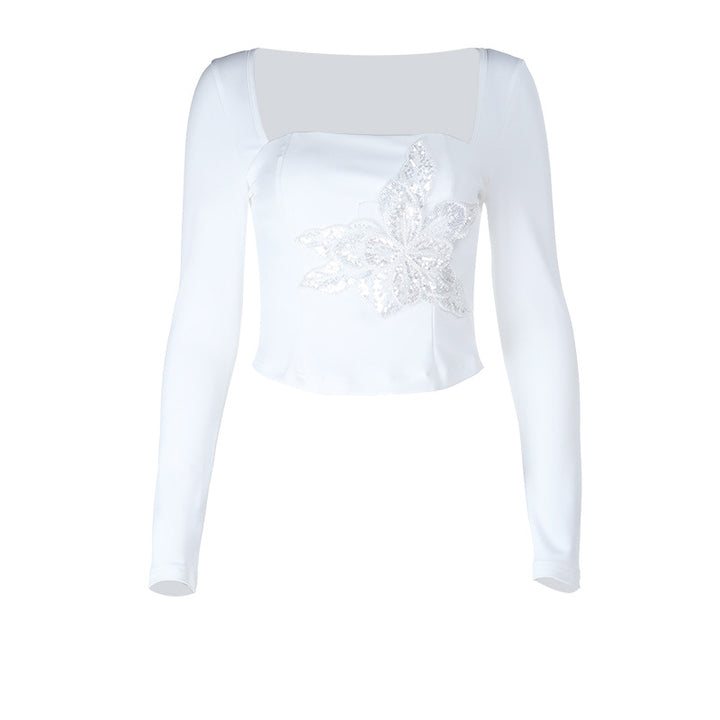 Women's Elegant Long Sleeve Top with Floral Lace Applique Lune London