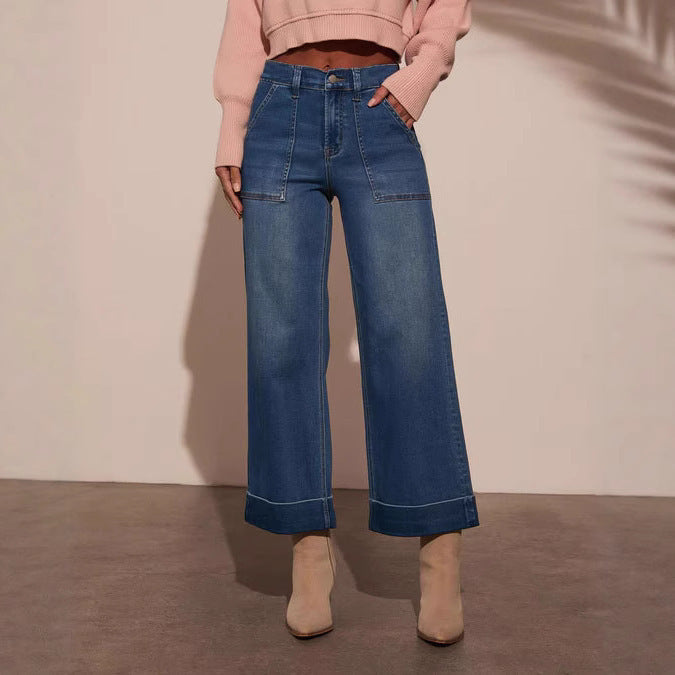 Damen weit geschnittene Denim-Hose mit hohem Bund Lisslune