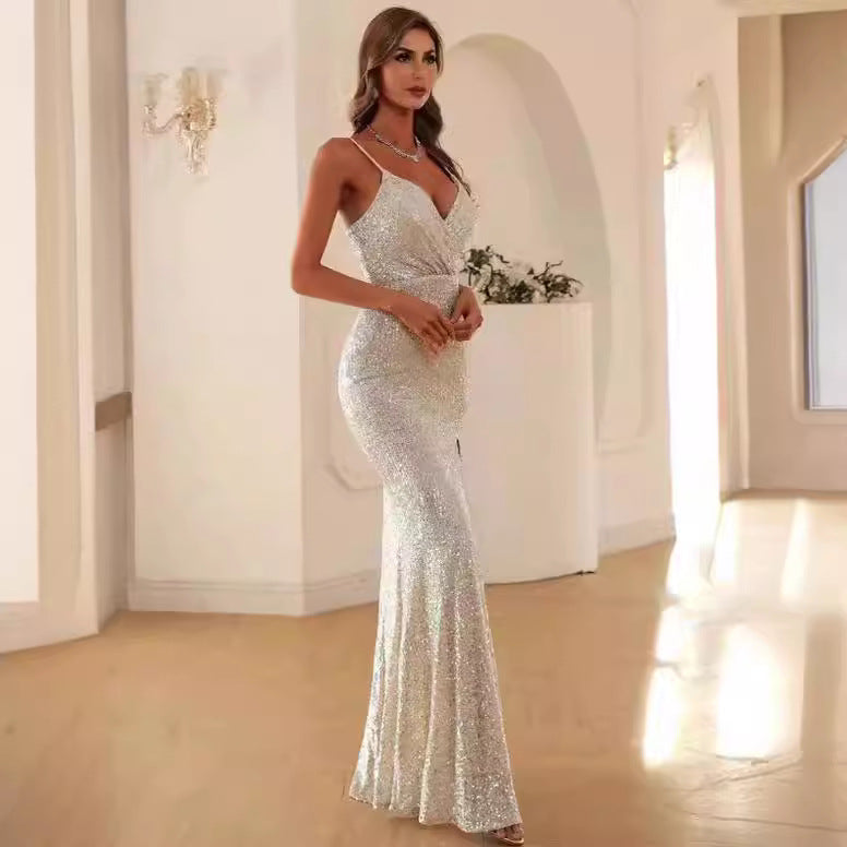 Women Glittering Evening Dress with Deep V-Neck and Elegant Slit