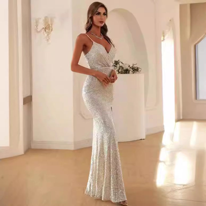 Women Glittering Evening Dress with Deep V-Neck and Elegant Slit